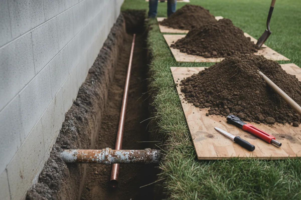 Excavated water line trench during Water Softener Installation in Mount Juliet